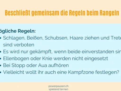 Regeln für Rangeln: Schlagen, Beißen, Schubsen, Haare ziehen und Treten sind verboten. Hilft Kindern ab 12 Jahren bei der Impulskontrolle.
