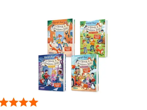Vier Buchcover von Margit Auers "Die Schule der magischen Tiere" zeigen Kinder und sprechende Tiere. Ein Steckbrief zu den Büchern.