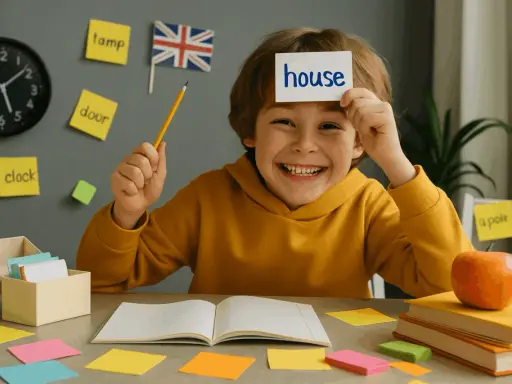Ein Junge hält eine Karte mit "house" über seiner Stirn. Mit bunten Haftnotizen und einem Buch wird das **Vokabeln lernen leicht gemacht**.