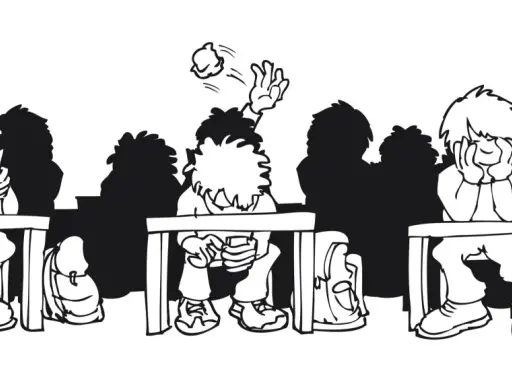 Schüler im Unterricht: Einer liest, einer wirft Papierkugeln, einer ist gelangweilt. Beispiele für exekutive Funktionen im Schulalltag.
