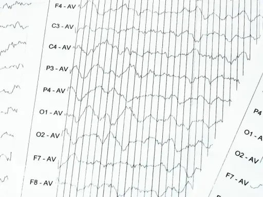 EEG-Aufzeichnung mit Wellenmustern, die auf ADHS hindeuten könnten. Die Linien zeigen Gehirnaktivität.