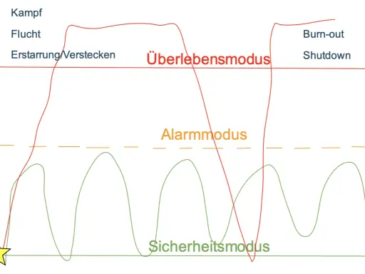 Diagramm zeigt Zustände des Nervensystems: Kampf, Flucht, Erstarren, Alarmmodus, Überlebensmodus, Burn-out, Shutdown. Selbstregulation Nervensystem ist hier dargestellt.