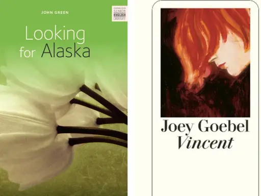 Zwei Coming-of-Age-Romane: "Looking for Alaska" von John Green mit einer weißen Blüte und "Vincent" von Joey Goebel mit einem Porträt.