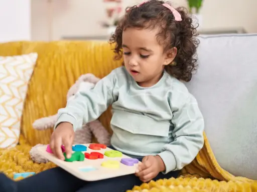 Kleines Mädchen mit Locken spielt konzentriert mit einem bunten Steckpuzzle. Das Spielzeug hilft, die **Konzentration zu steigern**.