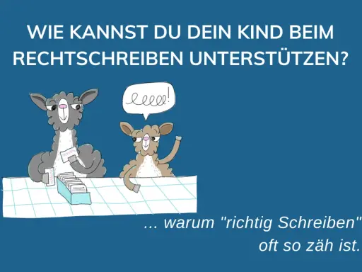 Zwei Lamas diskutieren über schlechte Rechtschreibung. Eines hält Karteikarten, das andere fragt sich, warum "richtig schreiben" so schwer ist.