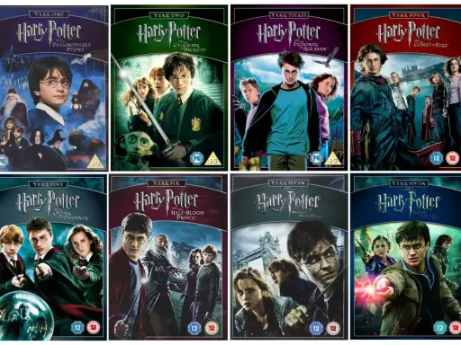 Die DVD-Hüllen der Harry Potter Reihe, von "Stein der Weisen" bis "Heiligtümer des Todes Teil 2".