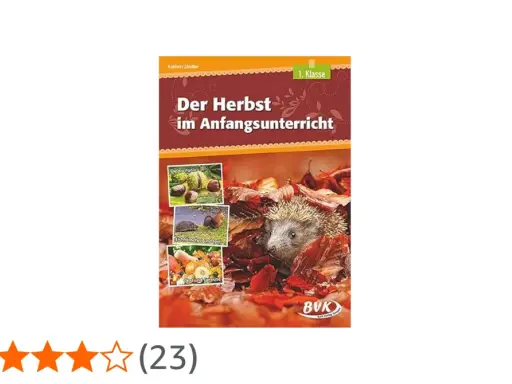 Ein Igel zwischen Herbstlaub, passend für den Herbst in der Grundschule Klasse 1. Kleine Bilder zeigen Kastanien, Igel und Gemüse.
