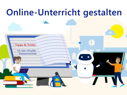 Ein Mädchen lernt am Laptop, ein Roboter und ein Schüler am Whiteboard – so wird digitaler Unterricht lebendig.