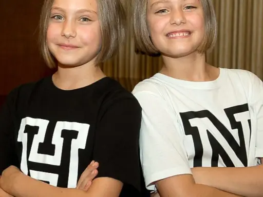 Zwei Mädchen mit kurzen Haaren, die T-Shirts mit den Buchstaben "H" und "N" tragen. Man fragt sich, wie alt sind Hanni und Nanni wohl?
