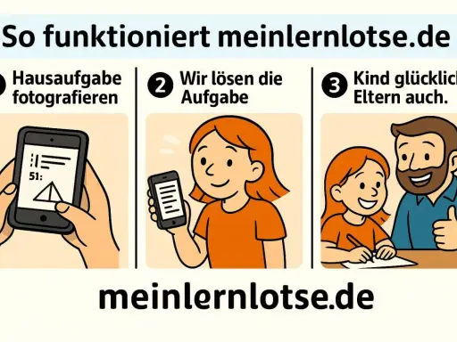 So funktioniert meinlernlotse.de: Hausaufgaben fotografieren, Aufgabe lösen, Kind und Eltern glücklich. Schnelle Hilfe bei Hausaufgaben!