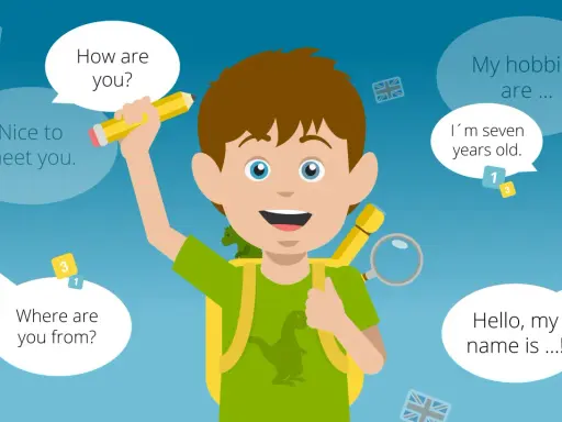 Ein Junge lernt Englisch schreiben. Er hält einen Bleistift und fragt: "How are you?".