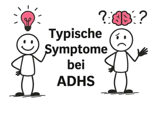 Zwei Strichmännchen illustrieren typische Symptome bei ADHS: eines mit Glühbirne (Ideen) und eines mit traurigem Gesicht und Fragezeichen über dem Gehirn (Verwirrung).