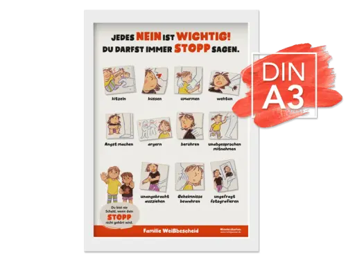 Illustrationen zeigen, wie Kinder Grenzen setzen können. Ein liebevoller Umgang mit Kindern bedeutet, ihre Gefühle ernst zu nehmen und ihnen zu vermitteln, dass jedes Nein wichtig ist.