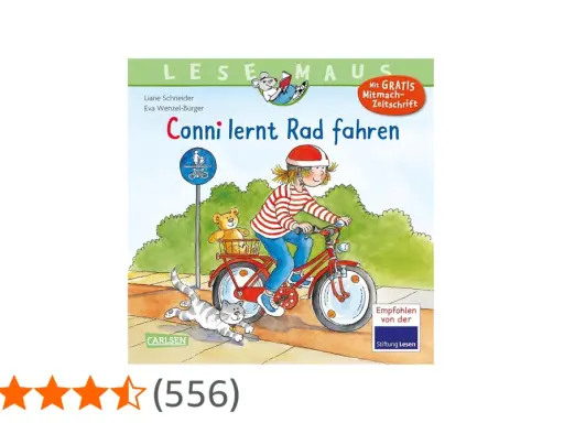 Conni lernt Rad fahren: Ein Mädchen mit Helm fährt stolz auf ihrem roten Fahrrad, ein Teddy im Korb, eine Katze rennt daneben.