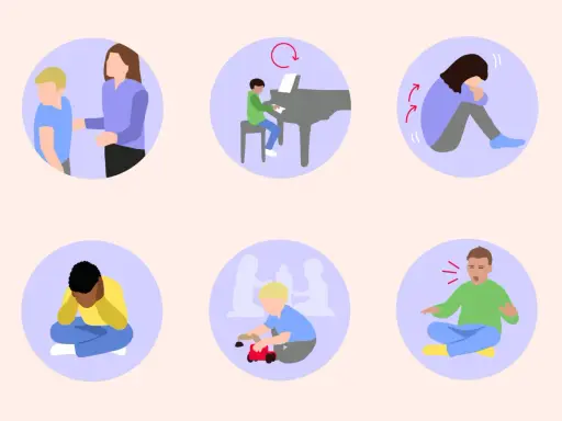 Illustrationen zeigen verschiedene Szenen, die auf autismus bei kleinkindern hinweisen können: soziale Interaktion, repetitive Verhaltensweisen, sensorische Überlastung und Kommunikation.
