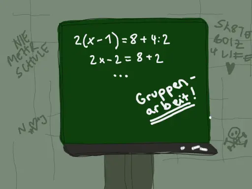 Grüne Tafel mit Matheaufgabe und "Gruppenarbeit!"-Schriftzug. Graffiti an der Wand: "Nie mehr Schule", "Sk8ter boiz 4 life". Ein Schulalltag, der für ADHS-Schüler im Gymnasium herausfordernd sein kann.