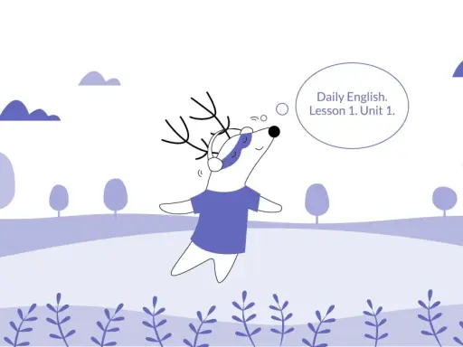 Ein Dachs mit Kopfhörern hört "Daily English. Lesson 1. Unit 1." – perfekt für podcast englisch lernen kinder.