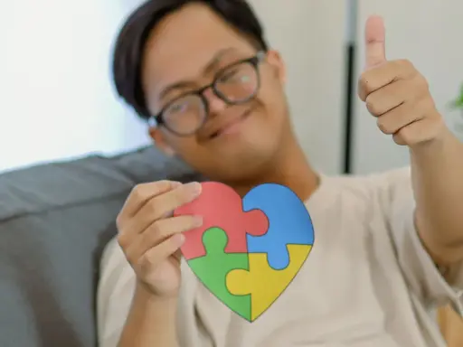 Ein Junge mit Down-Syndrom hält ein Herz aus Puzzleteilen, das für Autismus-Tests bei Kindern ab 7 Jahren stehen könnte. Er gibt einen Daumen hoch.