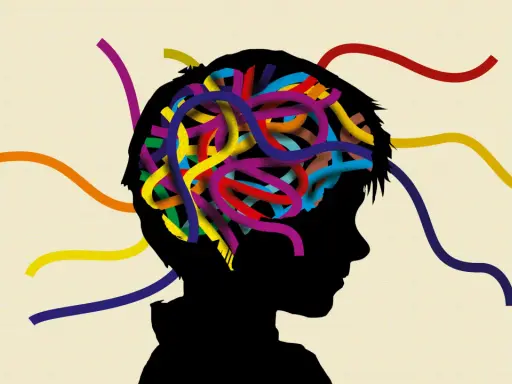 Bunte Stränge im Kopf eines Kindes symbolisieren Gedanken. Eine Alternative zu Ritalin für Kinder könnte hier gesucht werden.