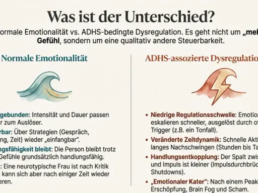 Vergleich von normaler Emotionalität und ADHS-Dysregulation. Die rechte Seite zeigt, wie ADHS-Wut schnell eskaliert, mit niedriger Regulationsschwelle und veränderter Zeitdynamik.