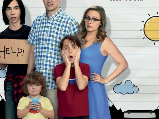 Die Familie aus "Gregs Tagebuch" mit besorgten Gesichtern. Ein Junge hält ein Schild mit "HELP!". Der Inhalt des Tagebuchs scheint chaotisch.