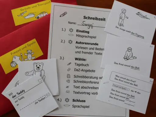 Schreibzeit-Übung mit Sergei. DaZ-Angebote und Schreibübungen sind auf dem Arbeitsblatt.