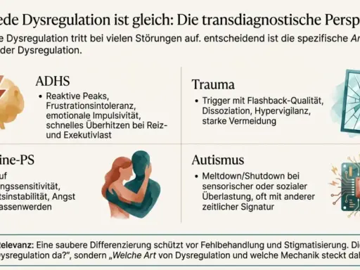 ADHS-Emotionen: reaktive Peaks, Frustrationsintoleranz, emotionale Impulsivität. Die Grafik zeigt Dysregulation bei ADHS, Trauma, Borderline-PS und Autismus.