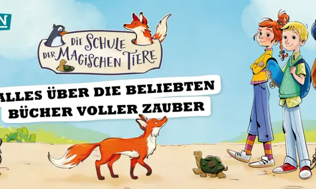 Illustration für die buch schule der magischen tiere: Kinder und Tiere, die Abenteuer erleben.