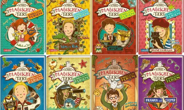 Die Buchreihe "Die Schule der magischen Tiere: Endlich Ferien" zeigt bunte Cover mit Kindern und magischen Tieren, bereit für den Urlaub.