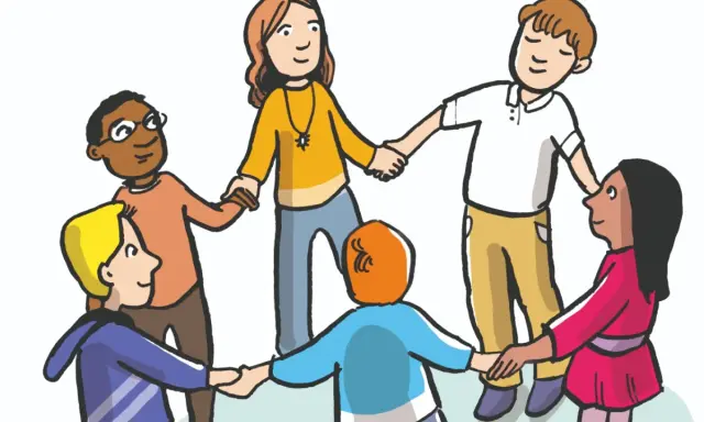 Kinder und eine Lehrerin halten Händchen im Kreis. Sie lernen, was daz unterricht ist: Gemeinschaft und Zusammenhalt.