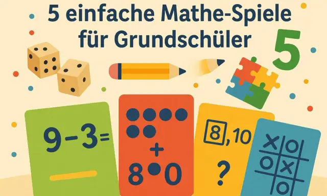 Bunte Karten mit Rechenaufgaben, Würfel und ein Bleistift – alles für spielerisches Rechnen lernen.