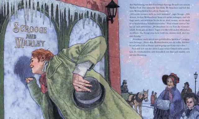 Ein fröhlicher Fred besucht seinen Onkel Scrooge, der die Charles Dickens Weihnachtsgeschichte verkörpert. Eisige Dekorationen und ein Pferdeschlitten im Hintergrund.