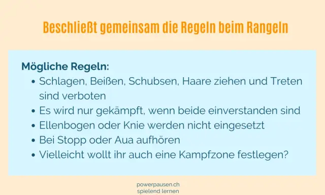 Regeln für Rangeln: Schlagen, Beißen, Schubsen, Haare ziehen und Treten sind verboten. Hilft Kindern ab 12 Jahren bei der Impulskontrolle.