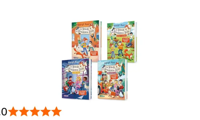 Vier Buchcover von Margit Auers "Die Schule der magischen Tiere" zeigen Kinder und sprechende Tiere. Ein Steckbrief zu den Büchern.