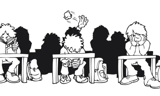 Schüler im Unterricht: Einer liest, einer wirft Papierkugeln, einer ist gelangweilt. Beispiele für exekutive Funktionen im Schulalltag.