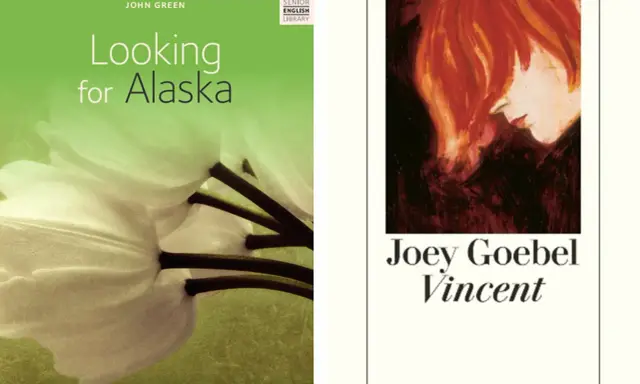 Zwei Coming-of-Age-Romane: "Looking for Alaska" von John Green mit einer weißen Blüte und "Vincent" von Joey Goebel mit einem Porträt.