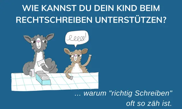 Zwei Lamas diskutieren über schlechte Rechtschreibung. Eines hält Karteikarten, das andere fragt sich, warum "richtig schreiben" so schwer ist.