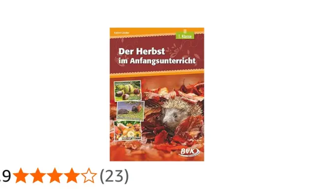 Ein Igel zwischen Herbstlaub, passend für den Herbst in der Grundschule Klasse 1. Kleine Bilder zeigen Kastanien, Igel und Gemüse.