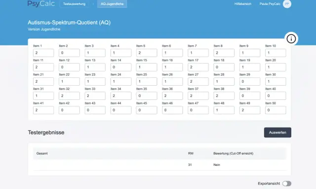 Online-Formular für einen Autismus-Selbsttest bei Kindern, das den Autismus-Spektrum-Quotienten (AQ) für Jugendliche erfasst.