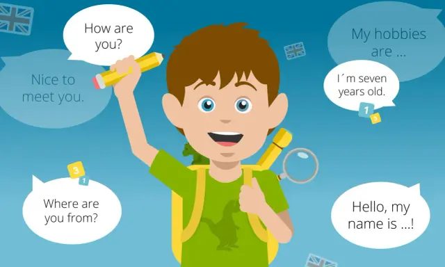 Ein Junge lernt Englisch schreiben. Er hält einen Bleistift und fragt: "How are you?".