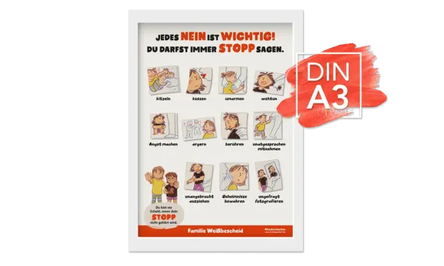 Illustrationen zeigen, wie Kinder Grenzen setzen können. Ein liebevoller Umgang mit Kindern bedeutet, ihre Gefühle ernst zu nehmen und ihnen zu vermitteln, dass jedes Nein wichtig ist.