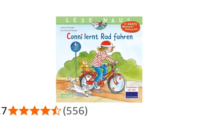 Conni lernt Rad fahren: Ein Mädchen mit Helm fährt stolz auf ihrem roten Fahrrad, ein Teddy im Korb, eine Katze rennt daneben.