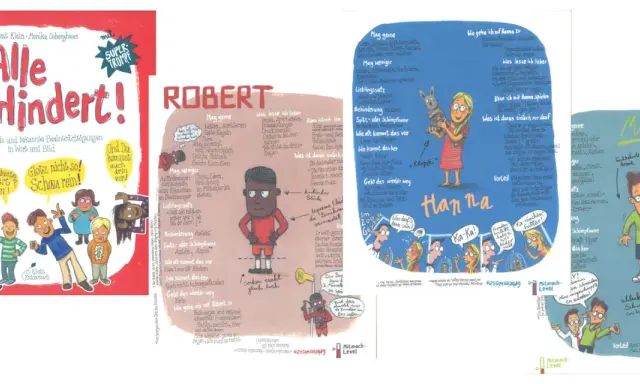 Ein buntes kinderbuch über behinderung mit Illustrationen von Kindern, die unterschiedliche Beeinträchtigungen darstellen.