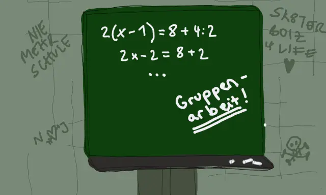 Grüne Tafel mit Matheaufgabe und "Gruppenarbeit!"-Schriftzug. Graffiti an der Wand: "Nie mehr Schule", "Sk8ter boiz 4 life". Ein Schulalltag, der für ADHS-Schüler im Gymnasium herausfordernd sein kann.