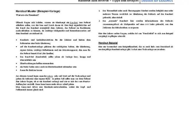 Ein Handout Beispiel zeigt, wie ein Musterhandout aussehen kann. Es dient als Gedächtnisstütze für Zuhörer und Referenten.