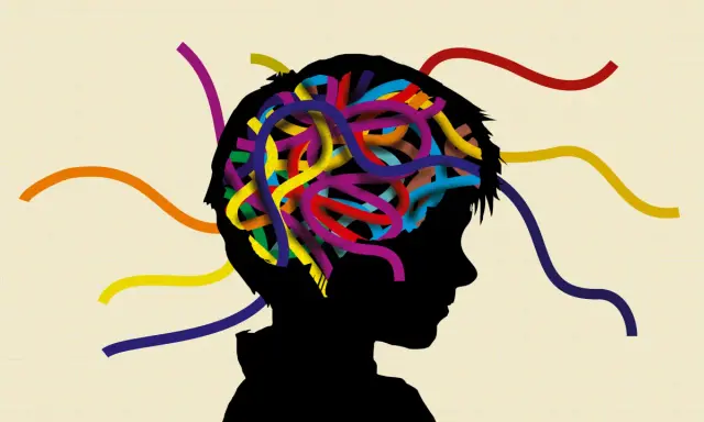 Bunte Stränge im Kopf eines Kindes symbolisieren Gedanken. Eine Alternative zu Ritalin für Kinder könnte hier gesucht werden.
