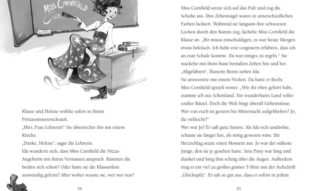 Miss Cornfield, die Lehrerin mit den bunten Zehennägeln, sitzt auf dem Pult und spricht die Klasse an.