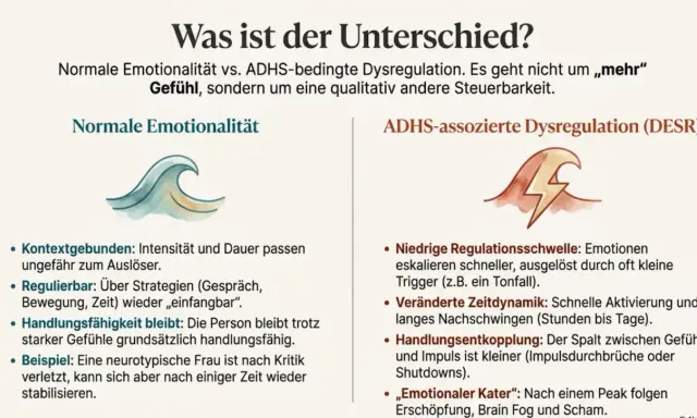 Vergleich von normaler Emotionalität und ADHS-Dysregulation. Die rechte Seite zeigt, wie ADHS-Wut schnell eskaliert, mit niedriger Regulationsschwelle und veränderter Zeitdynamik.