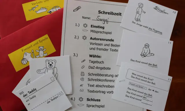 Schreibzeit-Übung mit Sergei. DaZ-Angebote und Schreibübungen sind auf dem Arbeitsblatt.