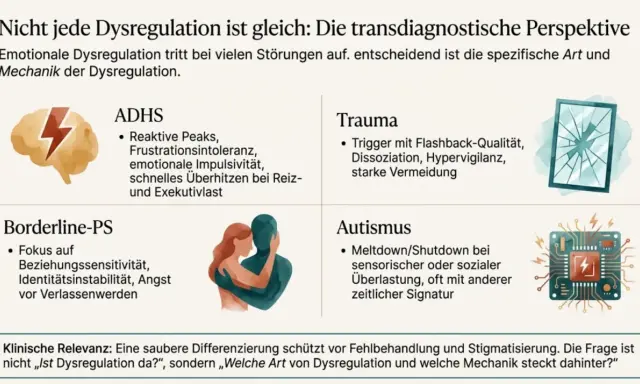 ADHS-Emotionen: reaktive Peaks, Frustrationsintoleranz, emotionale Impulsivität. Die Grafik zeigt Dysregulation bei ADHS, Trauma, Borderline-PS und Autismus.